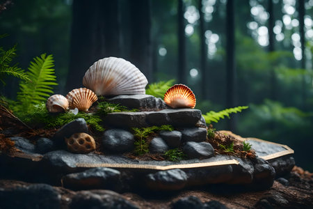 natural cubic rock podium scenery with seashell in the forestの素材