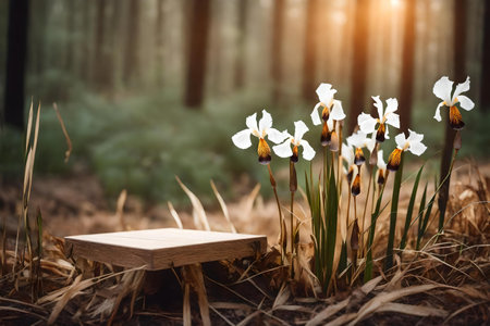 natural flat white wooden podium composition with dried iris in the forestの素材