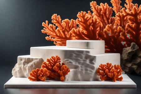 natural cubic white rock podium composition with orange corals in the photo studioの素材