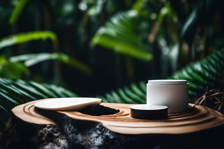 natural flat white plastic cosmetic podium composition with obsidian in the tropical forestの素材