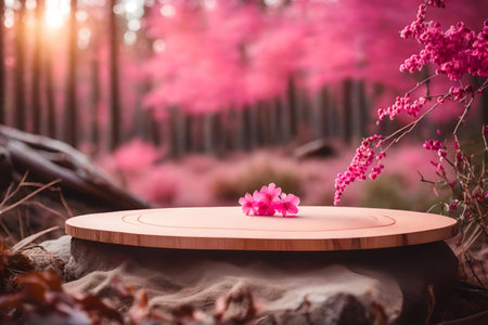 natural flat wooden cosmetic podium composition with pink desert in the forestの素材