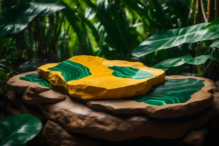 natural flat yellow rock cosmetic podium scenery with malachite in the tropical forestの素材