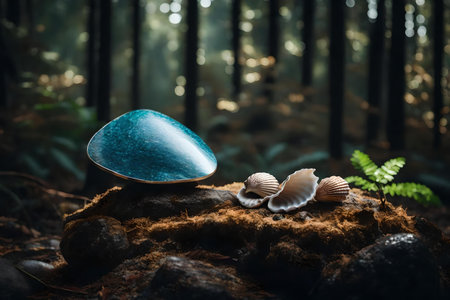 natural flat stone podium composition with seashell in the forestの素材