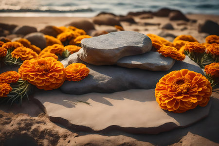 natural flat rock cosmetic podium composition with dried marigold flower by the seaの素材