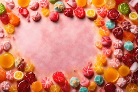 hard candy sweet composition flat lay with free space for copy chiffon fabric backgroundの素材