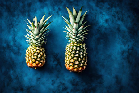 pineapple composition flat lay with free space for copy blue velvet fabric backgroundの素材