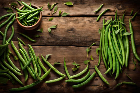 green beans composition flat lay with free space for copy old wood backgroundの素材