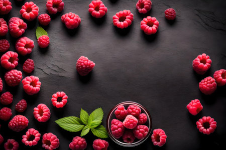 raspberry composition flat lay with free space for copy glass backgroundの素材