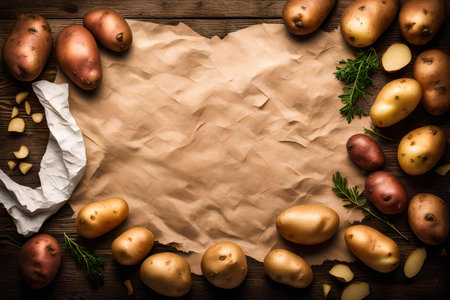 potatoe composition flat lay with free space for copy crumpled paper backgroundの素材