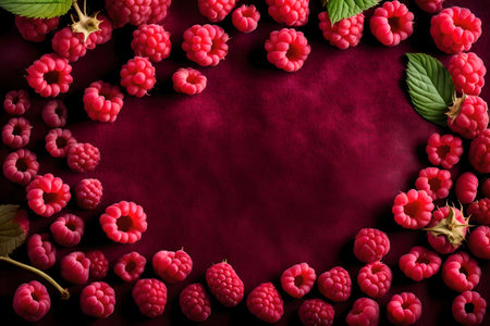 raspberry composition flat lay with free space for copy velvet fabric backgroundの素材