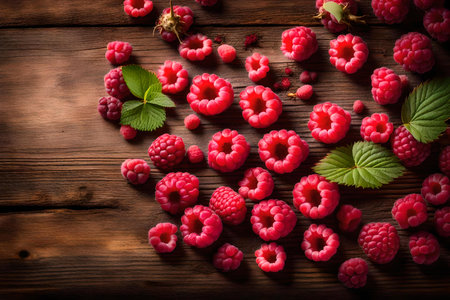 raspberry composition flat lay with free space for copy old wood backgroundの素材