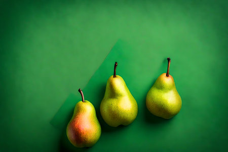 pear composition flat lay with free space for copy green paper backgroundの素材