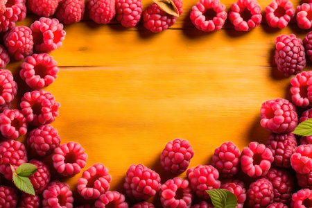 raspberry composition flat lay with free space for copy yellow wood backgroundの素材