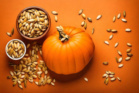 pumpkin seeds composition flat lay with free space for copy amber backgroundの素材