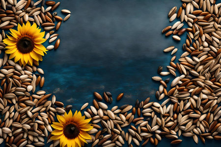sunflower seeds composition flat lay with free space for copy azurite backgroundの素材