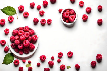 raspberry composition flat lay with free space for copy white ceramic backgroundの素材
