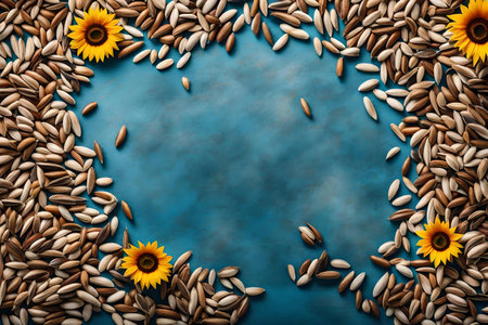 sunflower seeds composition flat lay with free space for copy, blue corals backgroundの素材