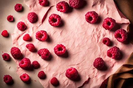 raspberry composition flat lay with free space for copy crumpled paper backgroundの素材