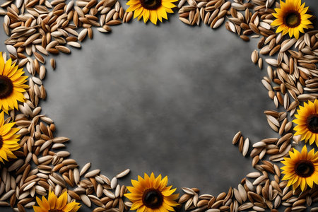sunflower seeds composition flat lay with free space for copy grey paper backgroundの素材