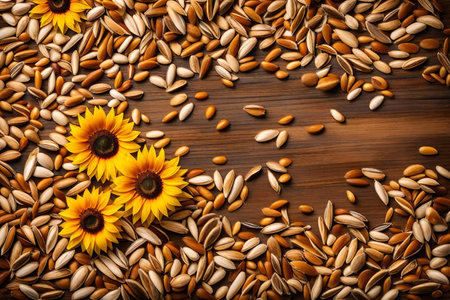 sunflower seeds composition flat lay with free space for copy desert backgroundの素材