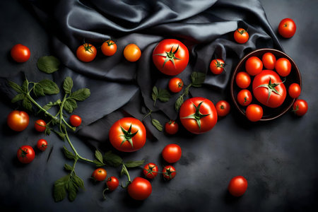tomatoes composition flat lay with free space for copy satin fabric backgroundの素材