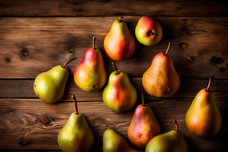 pear composition flat lay with free space for copy natural wood backgroundの素材