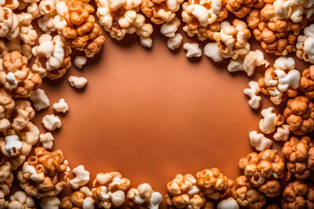caramel popcorn composition flat lay with free space for copy stony corals backgroundの素材