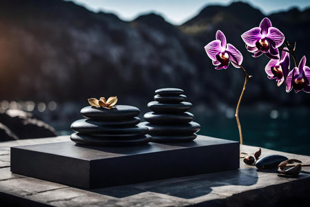 cubic black wood stone cosmetic podium background with dried orchid by the sea hyperrealistic materialsの素材