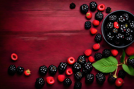 blackberry composition flat lay with free space for copy, red wood backgroundの素材