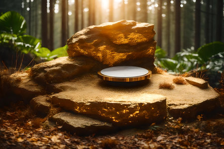 cubic golden rock podium background with quartz in the forest hyperrealistic materialsの素材