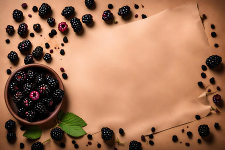 blackberry composition flat lay with free space for copy, brown paper backgroundの素材