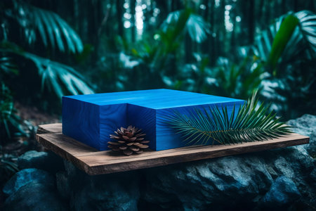 cubic blue wooden cosmetic podium background with blue calcite in the tropical forest hyperrealistic materialsの素材