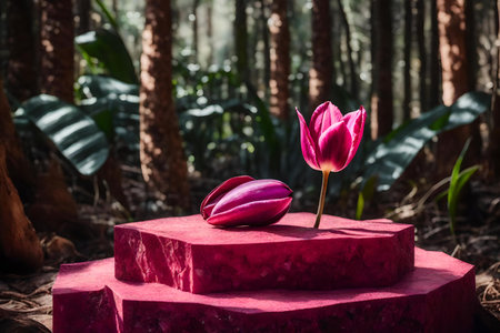 cubic pink stone podium composition with dried tulip in the tropical forest, hyperrealistic materialsの素材