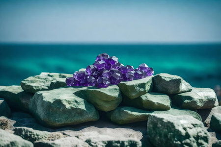 cubic green rock podium background with amethyst by the sea hyperrealistic materialsの素材