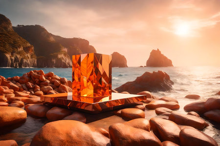cubic orange stone cosmetic podium scenery with crystal by the wavy ocean hyperrealistic materialsの素材