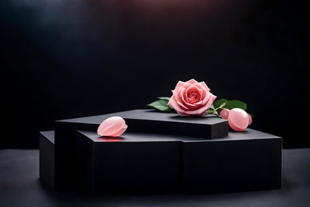 cubic black plastic podium scenery with rose quarts in the photo studio hyperrealistic materialsの素材
