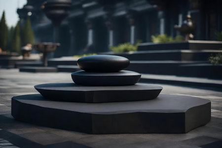 flat black stone podium scenery with black desert in the street hyperrealistic materialsの素材