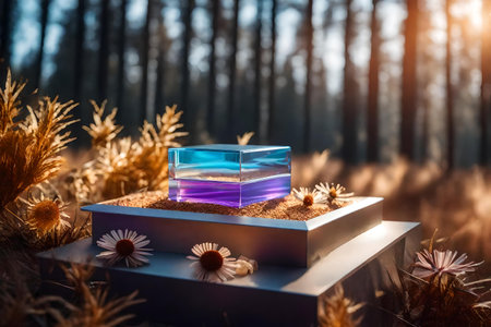 cubic iridescent plastic cosmetic podium background with dried daisy in the forest hyperrealistic materialsの素材