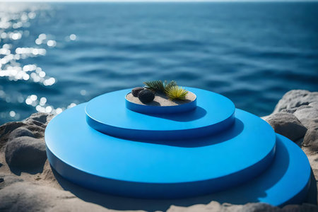 flat blue plastic podium scenery with black desert by the sea beautiful materialsの素材