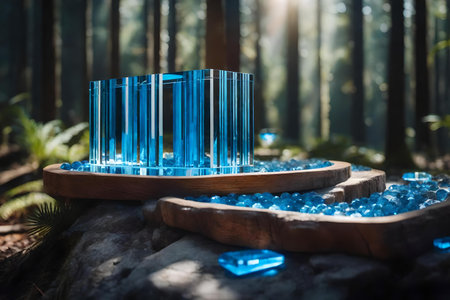 flat glass wooden podium composition with blue crystal in the forest beautiful materialsの素材
