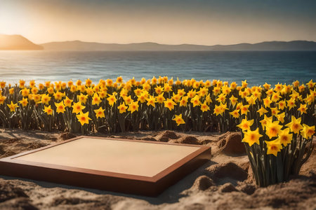 flat brown plastic podium scenery with dried daffodil by the sea beautiful materialsの素材