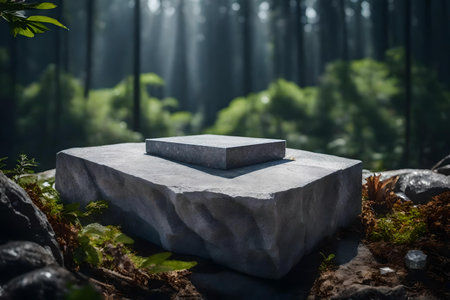 cubic grey stone cosmetic podium background with crystal in the forest, hyperrealistic materialsの素材