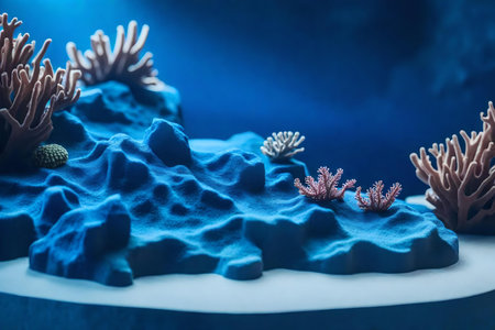 flat blue rock podium scenery with blue corals in the photo studioの素材