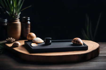 flat black wood wooden cosmetic podium scenery with seashell in the photo studio beautiful materialsの素材