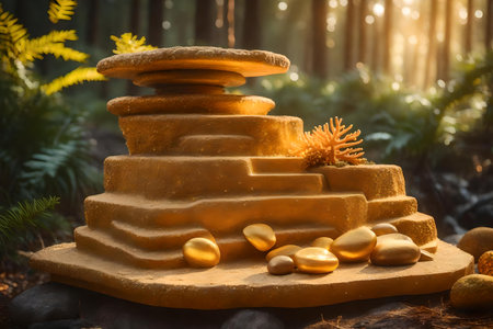 flat golden stone podium composition with golden corals in the forest beautiful materialsの素材