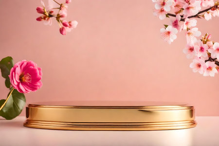 flat golden plastic cosmetic podium background with sakura flower in the photo studio beautiful materialsの素材
