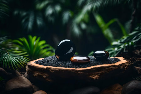 flat black rock cosmetic podium background with agate in the tropical forest, hyperrealistic materialsの素材