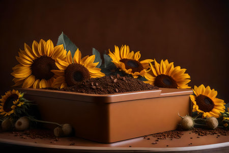 flat brown plastic podium scenery with dried sunflowers in the photo studio, hyperrealistic materialsの素材