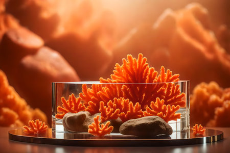 flat glass rock cosmetic podium composition with orange corals in the photo studio beautiful materialsの素材