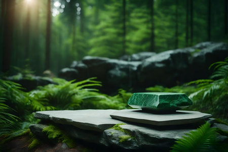 flat green stone podium composition with quartzite in the forest beautiful materialsの素材